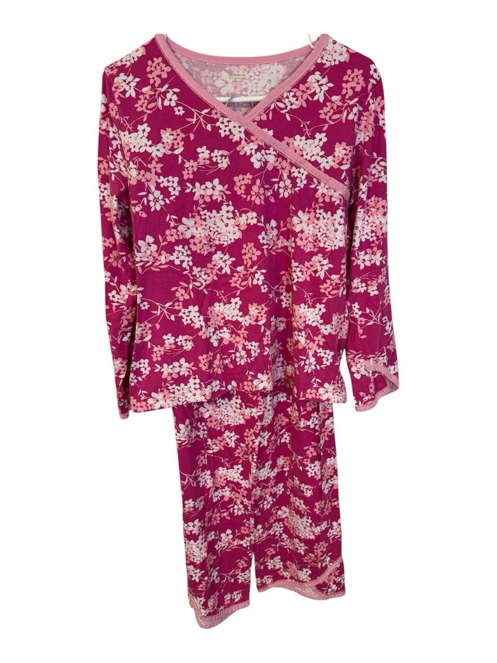 Garnet Hill Pink Floral Wrap-Style Long Sleeve Pajama Set